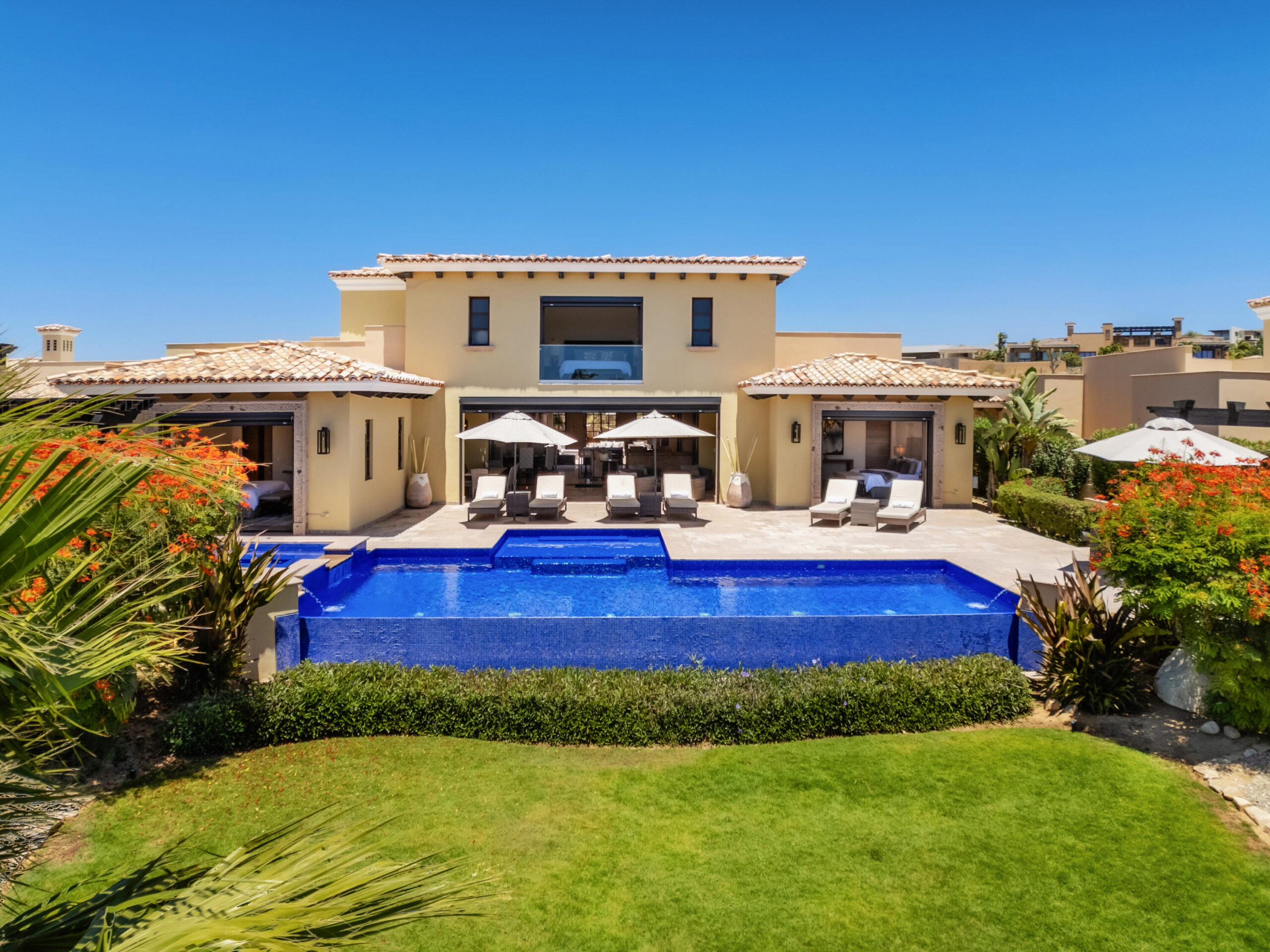 Los Cabos Luxury Section 4- Las Canadas Discover refined indoor-outdoor living at Cañada 9, set within Querencia, San Jose del Cabo's premier private golf community. Soaring beamed ceilings, walls of pocket glass, and luminous marble floors define an open great room that flows effortlessly to the terrace, infinity-edge pool, and stone-clad water feature -- all framed by panoramic Sea of Cortez and mountain for sale
